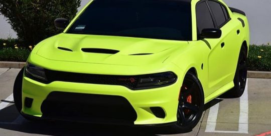 Dodge Charger wrapped in 3M Satin Neon Fluorescent Yellow vinyl