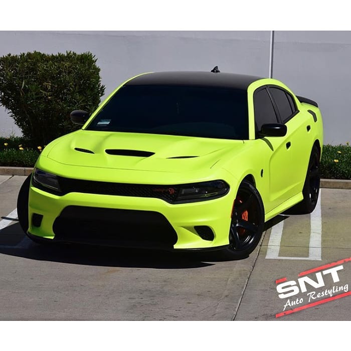 Dodge Charger wrapped in 3M Satin Neon Fluorescent Yellow vinyl