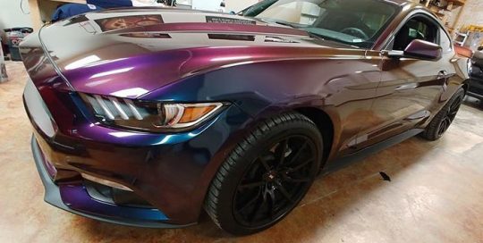 Ford Mustang wrapped in 3M ColorFlip Gloss Deep Space Blue/Bronze/Purple shade shifting vinyl