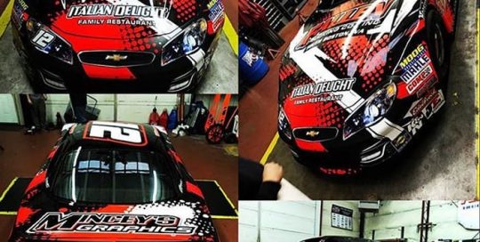 Race Car wrapped in custom printed 3M IJ35C vinyl with 8519 Gloss overlaminate with 1080 Gloss White and Orafol 6510 fluorescent vinyls