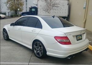 Mercedes Benz C63 wrapped in Avery SW Satin Pearl White vinyl