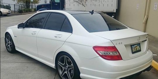 Mercedes Benz C63 wrapped in Avery SW Satin Pearl White vinyl