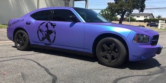 Dodge Charger wrapped in M ColorFlip Satin Glacier Frost Blue/Purple shade shifting vinyl