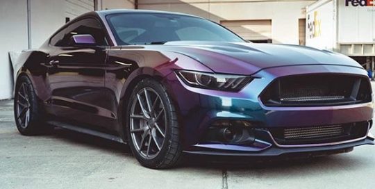 Ford Mustang Gt wrapped in 3M ColorFlip Gloss Deep Space Blue/Bronze/Purple shade shifting vinyl