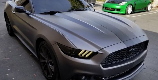 Ford Mustang wrapped in 3M 1080 Satin Dark Gray vinyl