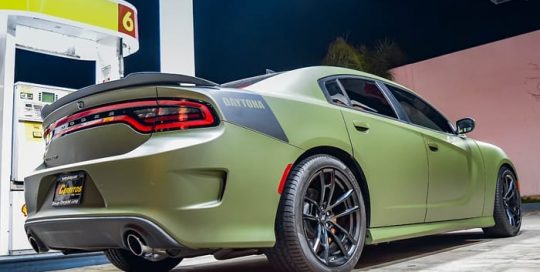Dodge Charger wrapped in 3M 1080 Matte Military Green vinyl