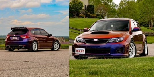 Subaru WRX wrapped in Avery ColorFlow Gloss Roaring Thunder Blue/Red shade shifting vinyl