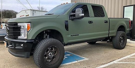 Ford F250 wrapped in 3M 1080 Matte Military Green vinyl