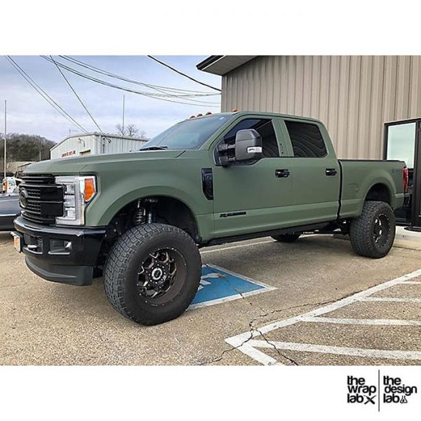 Ford F250 wrapped in 3M 1080 Matte Military Green vinyl