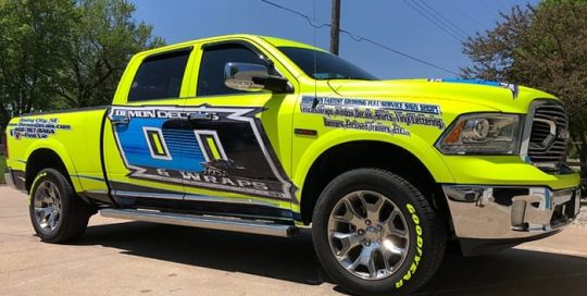 Dodge Ram wrapped in 3M Satin Neon Fluorescent Yellow vinyl