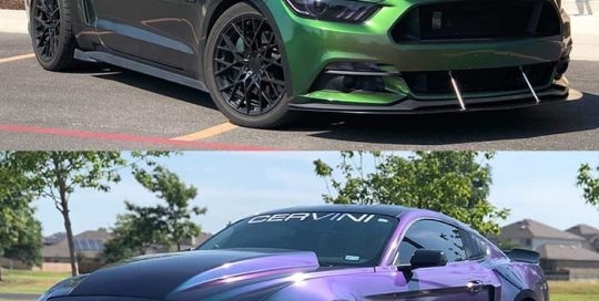 Ford Mustang wrapped in Avery ColorFlow Gloss Urban Jungle Silver/Green shade shifting vinyl