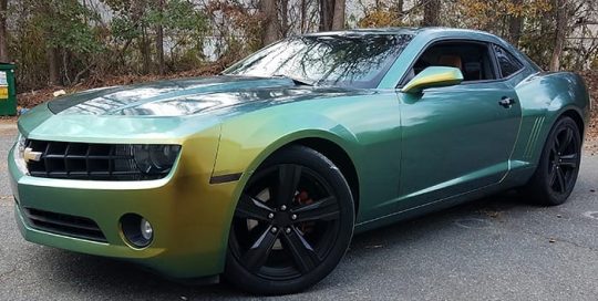 Chevrolet Camaro wrapped in Avery ColorFlow Gloss Fresh Spring Gold/Silver shade shifting vinyl