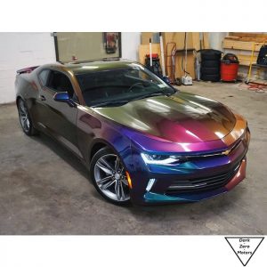 Chevrolet Camaro wrapped in Avery ColorFlow Gloss Lightning Ridge Green/Purple shade shifting vinyl