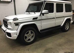 Mercedes Benz Gwagon wrapped in 3M 1080 Satin White vinyl
