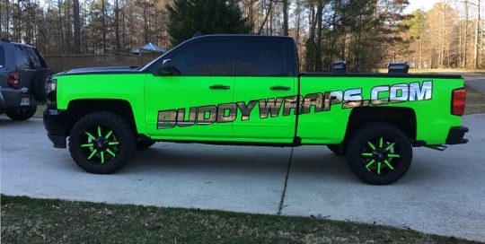 Ford F150 wrapped in 3M Neon Fluorescent Green vinyl with Avery SW Silver Chrome & Matte Black vinyl
