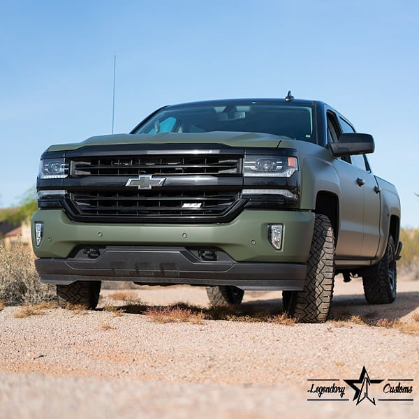 Chevrolet Silverado wrapped in 3M 1080 Matte Military Green vinyl