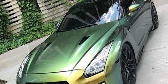 Nissan Gtr wrapped in Avery ColorFlow Gloss Fresh Spring Gold/Silver shade shifting vinyl