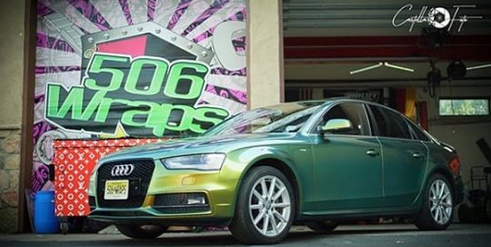 Audi wrapped in Avery ColorFlow Gloss Fresh Spring Gold/Silver shade shifting vinyl