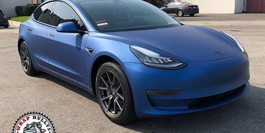 Tesla Model 3 wrapped in Avery SW Matte Blue Metallic vinyl