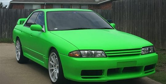 Nissan Skyline R32 wrapped in 3M Satin Neon Fluorescent Green vinyl