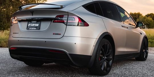 Tesla Model X wrapped in 3M 1080 Matte Dark Gray vinyl