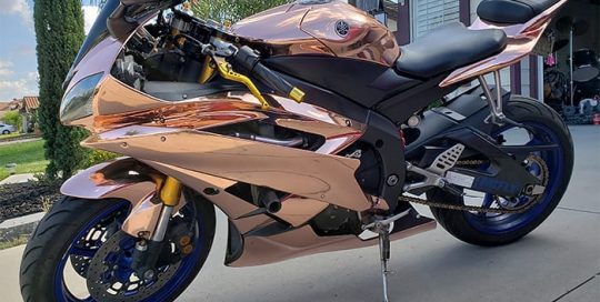 Yamaha R6 wrapped in Avery SW900 Rose Gold Chrome vinyl