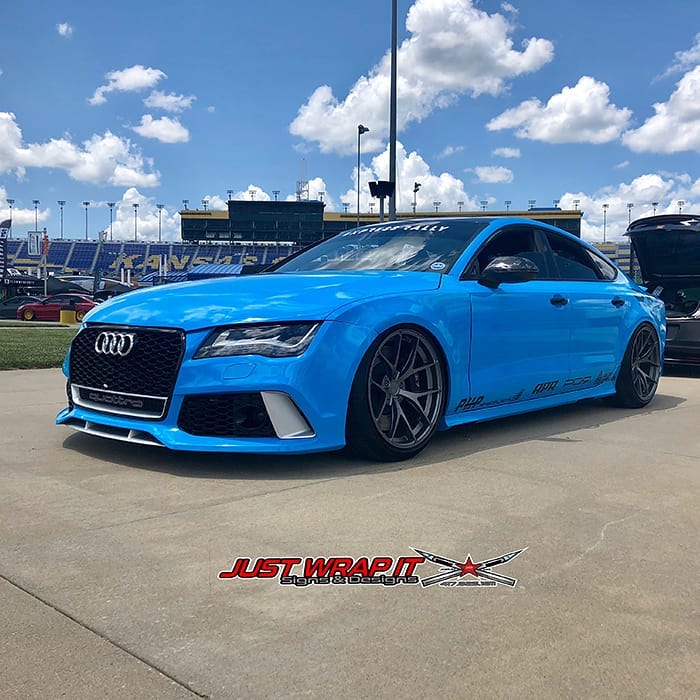 Audi RS7 wrapped in the new Avery Gloss Light Blue viny