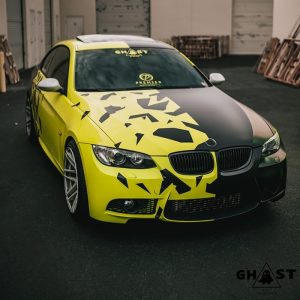 Bmw 335i wrapped in Avery SW Gloss Ambulance Yellow and Satin Black vinyls