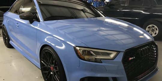 Audi RS3 wrapped in new Avery Gloss Smoky Blue vinyl