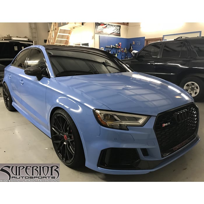 Audi RS3 wrapped in new Avery Gloss Smoky Blue vinyl