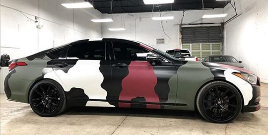 Genesis G80 wrapped in Avery SW900 Matte Garnet Metallic, Satin Black, Satin White and 3M Matte Military Green vinyls