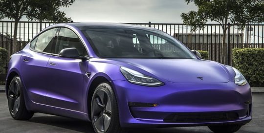 Tesla Model 3 wrapped in Avery SW Satin Purple Metallic & Satin Black vinyls