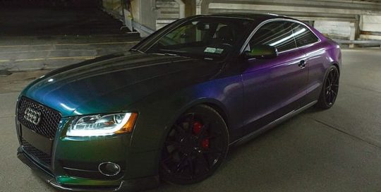 Audi wrapped in Avery Gloss Urban Jungle Silver/Green/Purple shade shifting vinyl