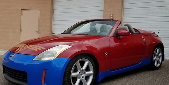 Nissan Z wrapped in Avery SW Gloss Burgundy & Diamond Blue vinyls