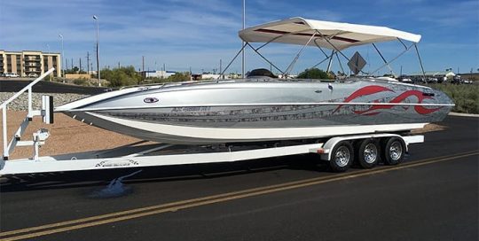 Boat wrapped in custom printed 3M IJ180mC-120 Metallic Satin White Aluminum vinyl