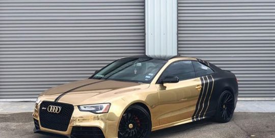 Audi S5 wrapped in Avery SW Gold Chrome and Satin Black vinyls