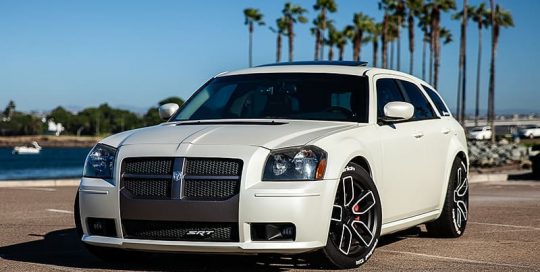 Dodge Magnum wrapped in 3M 1080 Satin Pearl White vinyl