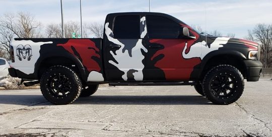 Dodge Ram wrapped in 3M 1080 Matte Black, Matte Dark Gray, Matte Red Metallic, and Matte White vinyls