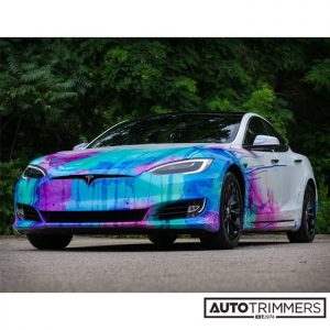 Tesla wrapped in custom printed Avery SW White Diamond vinyl