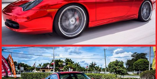 Porsche 911 carrera wrapped in Avery Red Chrome vinyl