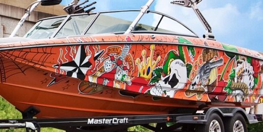 Boat wrapped in custom printed 180Cv3