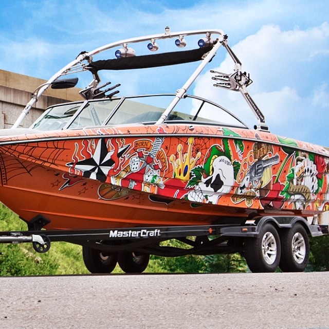 Boat wrapped in custom printed 180Cv3