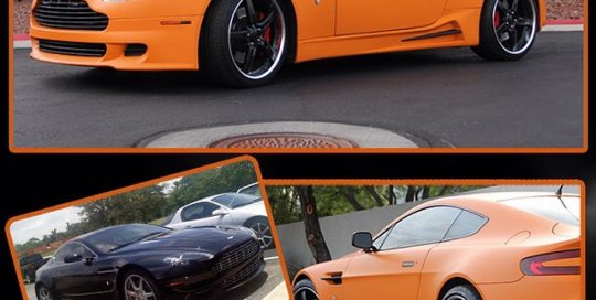 Astro Martin wrapped in 1080 Matte Orange and Matte Black vinyl