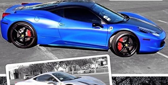 Ferrari 458 Italia wrapped in Avery Conform Chrome Blue and 1080 Satin Black vinyl
