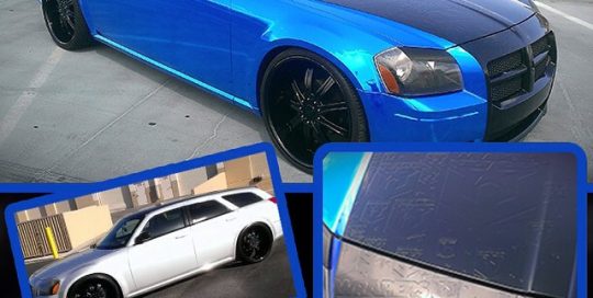 Dodge Magnum wrapped in Avery Blue Chrome vinyl, Black Carbon Fiber, Gloss Black and additional cut vinyl