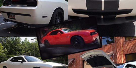 Dodge Challenger wrapped in Avery Gloss Black and Carbon Fiber vinyls