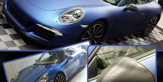 Porsche Carrera wrapped in 2600LX Matte Deep Ocean vinyl and Carbon Fiber vinyl. Beautifully done