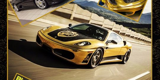 Ferrari f430 wrapped in Avery Gold Chrome, Matte Black and Gloss Black vinyl