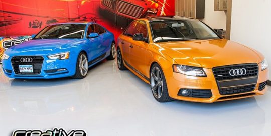 Audi wrapped in Avery SW Intense Blue or SW Gold Orange Pearl vinyl