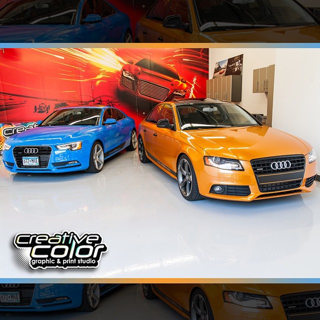 Audi wrapped in Avery SW Intense Blue or SW Gold Orange Pearl vinyl